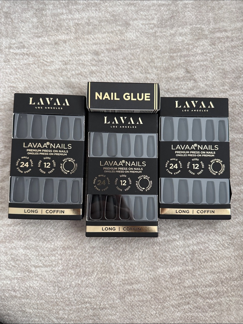 3 Packages Lavaa Nails Long Coffin Press-On Set in Matte Black with Nail Glue